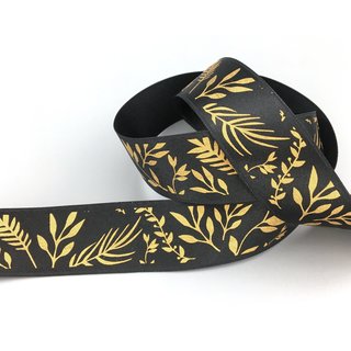 20 m x 25 mm Dekoband JANA SCHWARZ Gold doppelseitiges Satinband einseitig Bedruckt mit Pflanzen Muster Geschenkband Glanz Herbst Winter
