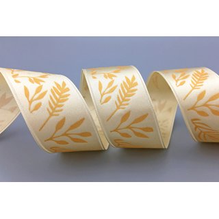 20 m x 25 mm Dekoband JANA CREME Gold doppelseitiges Satinband einseitig Bedruckt mit Pflanzen Muster Geschenkband Glanz Herbst Winter