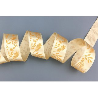 20 m x 25 mm Dekoband JANA CREME Gold doppelseitiges Satinband einseitig Bedruckt mit Pflanzen Muster Geschenkband Glanz Herbst Winter