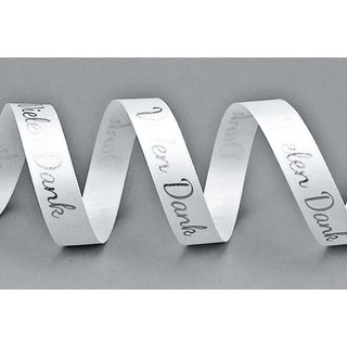 Dekoband VIELEN DANK in WEISS / SILBER 20 m x 15 mm Geschenkband aus Satin mit dem Text bedrukt