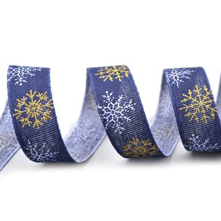 20 m x 25 mm Dekoband LEINEN Schneeflocken BLAU Gold aus 100% Baumwolle nachhaltig naturfreundlich