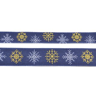 20 m x 25 mm Dekoband LEINEN Schneeflocken BLAU Gold aus 100% Baumwolle nachhaltig naturfreundlich