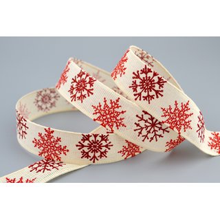 20 m x 25 mm Dekoband LEINEN Schneeflocken CREME Rot aus...