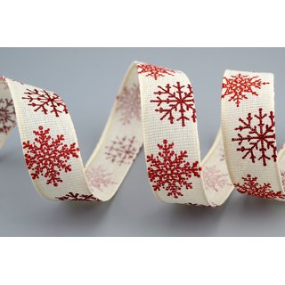 20 m x 25 mm Dekoband LEINEN Schneeflocken CREME Rot aus 100% Baumwolle nachhaltig naturfreundlich