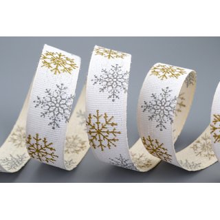 3 m x 25 mm Dekoband LEINEN Schneeflocken WEISS Gold aus 100% Baumwolle nachhaltig naturfreundlich