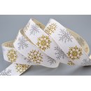 3 m x 25 mm Dekoband LEINEN Schneeflocken WEISS Gold aus...