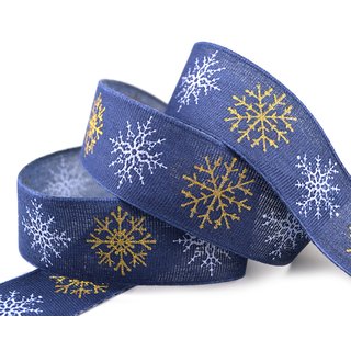 3 m x 40 mm Dekoband LEINEN Schneeflocken BLAU Gold aus 100% Baumwolle nachhaltig naturfreundlich