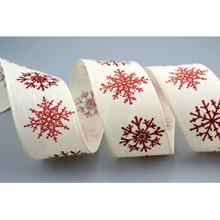 3 m x 40 mm Dekoband LEINEN Schneeflocken CREME Rot aus 100% Baumwolle nachhaltig naturfreundlich