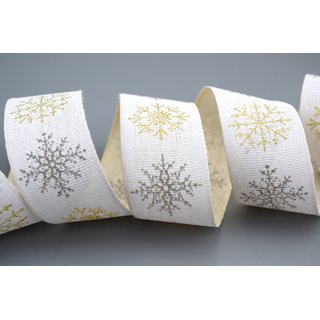 3 m x 40 mm Dekoband LEINEN Schneeflocken WEISS Gold aus 100% Baumwolle nachhaltig naturfreundlich