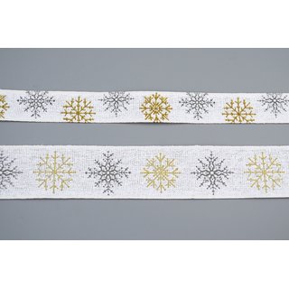 3 m x 40 mm Dekoband LEINEN Schneeflocken WEISS Gold aus 100% Baumwolle nachhaltig naturfreundlich