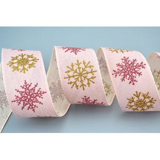 3 m x 40 mm Dekoband LEINEN Schneeflocken ROSA Gold aus 100% Baumwolle nachhaltig naturfreundlich