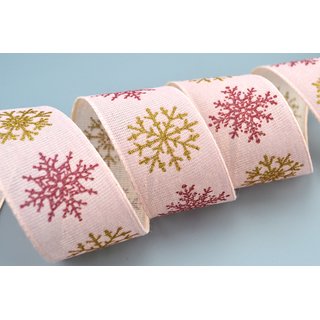 3 m x 40 mm Dekoband LEINEN Schneeflocken ROSA Gold aus 100% Baumwolle nachhaltig naturfreundlich