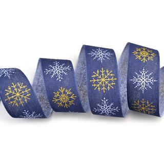 20 m x 40 mm Dekoband LEINEN Schneeflocken BLAU Gold aus 100% Baumwolle nachhaltig naturfreundlich