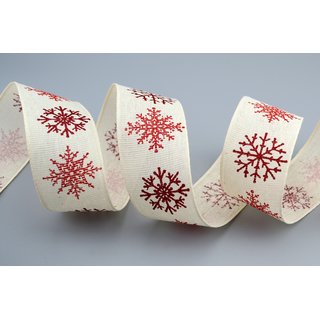 20 m x 40 mm Dekoband LEINEN Schneeflocken CREME Rot aus 100% Baumwolle nachhaltig naturfreundlich