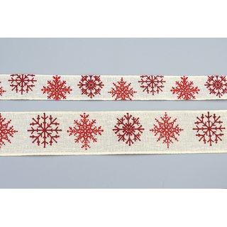 20 m x 40 mm Dekoband LEINEN Schneeflocken CREME Rot aus 100% Baumwolle nachhaltig naturfreundlich