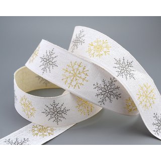 20 m x 40 mm Dekoband LEINEN Schneeflocken WEISS Gold aus 100% Baumwolle nachhaltig naturfreundlich