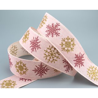 20 m x 40 mm Dekoband LEINEN Schneeflocken ROSA Gold aus...