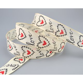 3 m x 25 mm Dekoband Love Liebe Schleifenband mit Drahtkanten Text und Herzen Valentinstag Hochzeit Hearts