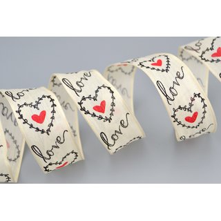 20 m x 25 mm Dekoband Love Liebe Schleifenband mit Drahtkanten Text und Herzen Valentinstag Hochzeit Hearts