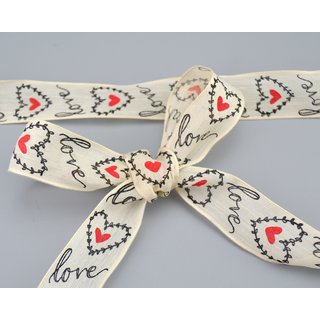 20 m x 25 mm Dekoband Love Liebe Schleifenband mit Drahtkanten Text und Herzen Valentinstag Hochzeit Hearts