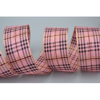 20 m x 40 mm Dekoband KARO ELEGANT ROSA Gold mit Drahtkanten Lurex Glnzendes Schleifenband Weihnachten kariert Goldkante