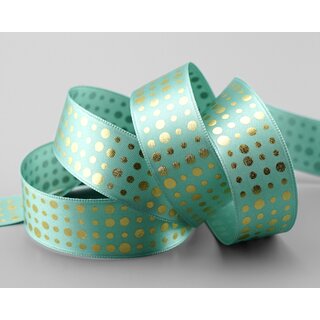 3 m x 25 mm Satinband MINT mit Gold Punkten Schleifenband Geschenkband Dekoband glnzend Dots gepunktet 