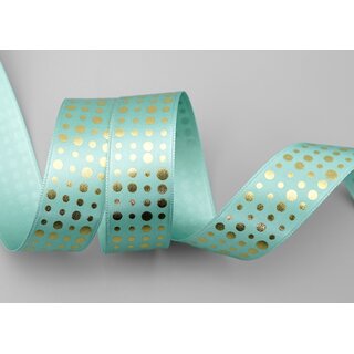 3 m x 25 mm Satinband MINT mit Gold Punkten Schleifenband Geschenkband Dekoband glnzend Dots gepunktet 