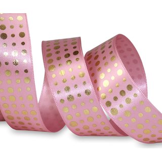 3 m x 25 mm Satinband ROSA Altrosa mit Gold Punkten Schleifenband Geschenkband Dekoband glnzend Dots gepunktet 
