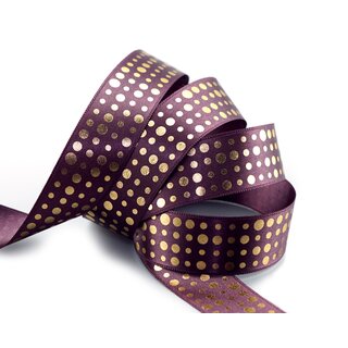 3 m x 25 mm Satinband PFLAUME Lila mit Gold Punkten Schleifenband Geschenkband Dekoband glnzend Dots gepunktet 