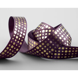 3 m x 25 mm Satinband PFLAUME Lila mit Gold Punkten Schleifenband Geschenkband Dekoband glnzend Dots gepunktet 