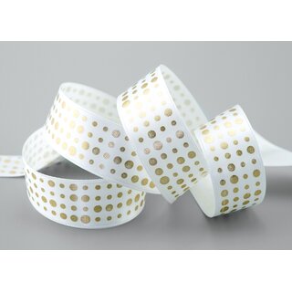 3 m x 25 mm Satinband WEISS mit Gold Punkten Schleifenband Geschenkband Dekoband glnzend Dots gepunktet 