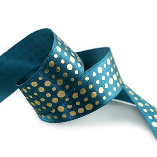 3 m x 25 mm Satinband PETROL mit Gold Punkten Schleifenband Geschenkband Dekoband glnzend Dots gepunktet 