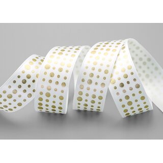 20 m x 25 mm Satinband WEISS mit Gold Punkten Schleifenband Geschenkband Dekoband glnzend Dots gepunktet 