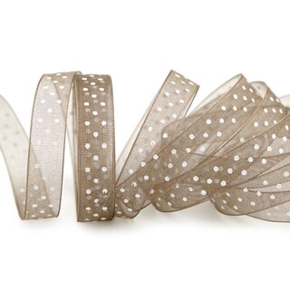 20 m x 10 mm Dekoband Chiffon Punkte TAUPE mit formstabilen Kanten Geschenkband Schleifenband transparent Organza Dots