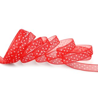 20 m x 10 mm Dekoband Chiffon Punkte ROT mit formstabilen Kanten Geschenkband Schleifenband transparent Organza Dots