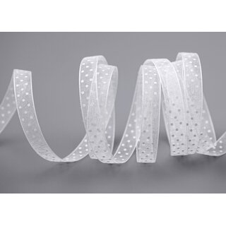 20 m x 10 mm Dekoband Chiffon Punkte WEISS mit formstabilen Kanten Geschenkband Schleifenband transparent Organza Dots