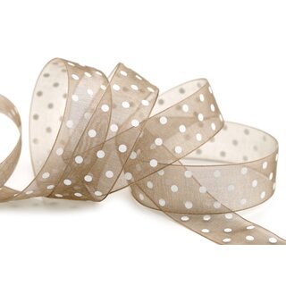 20 m x 25 mm Dekoband Chiffon Punkte TAUPE mit formstabilen Kanten Geschenkband Schleifenband transparent Organza Dots