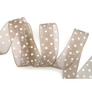 20 m x 25 mm Dekoband Chiffon Punkte TAUPE mit formstabilen Kanten Geschenkband Schleifenband transparent Organza Dots