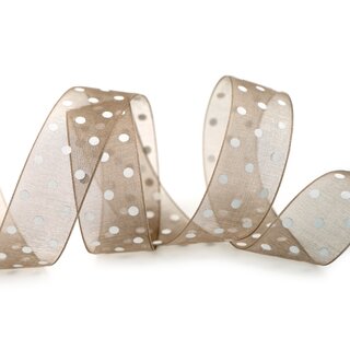 20 m x 25 mm Dekoband Chiffon Punkte TAUPE mit formstabilen Kanten Geschenkband Schleifenband transparent Organza Dots
