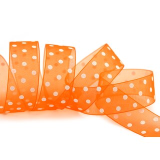 20 m x 25 mm Dekoband Chiffon Punkte ORANGE mit formstabilen Kanten Geschenkband Schleifenband transparent Organza Dots