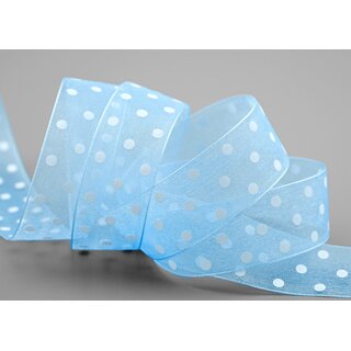 20 m x 25 mm Dekoband Chiffon Punkte HELLBLAU Blau mit formstabilen Kanten Geschenkband Schleifenband transparent Organza Dots