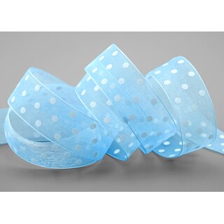 20 m x 25 mm Dekoband Chiffon Punkte HELLBLAU Blau mit formstabilen Kanten Geschenkband Schleifenband transparent Organza Dots
