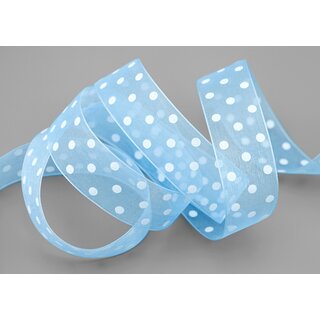 20 m x 25 mm Dekoband Chiffon Punkte HELLBLAU Blau mit formstabilen Kanten Geschenkband Schleifenband transparent Organza Dots