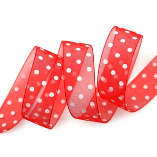20 m x 25 mm Dekoband Chiffon Punkte ROT mit formstabilen Kanten Geschenkband Schleifenband transparent Organza Dots