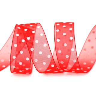 20 m x 25 mm Dekoband Chiffon Punkte ROT mit formstabilen Kanten Geschenkband Schleifenband transparent Organza Dots