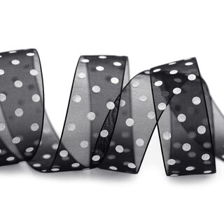 20 m x 25 mm Dekoband Chiffon Punkte SCHWARZ mit formstabilen Kanten Geschenkband Schleifenband transparent Organza Dots