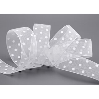 20 m x 25 mm Dekoband Chiffon Punkte WEISS mit formstabilen Kanten Geschenkband Schleifenband transparent Organza Dots