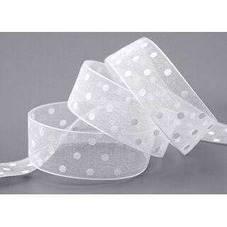 20 m x 25 mm Dekoband Chiffon Punkte WEISS mit formstabilen Kanten Geschenkband Schleifenband transparent Organza Dots