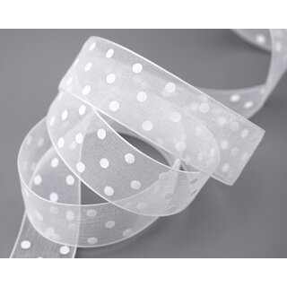 20 m x 25 mm Dekoband Chiffon Punkte WEISS mit formstabilen Kanten Geschenkband Schleifenband transparent Organza Dots