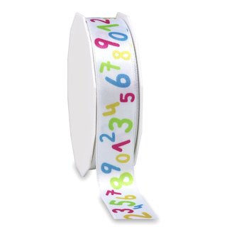 20 m x 25 mm Dekoband ZIFFERN Mehrfarbig Satinband Geschenkband Schleifenband Schulanfang Schule Kinder